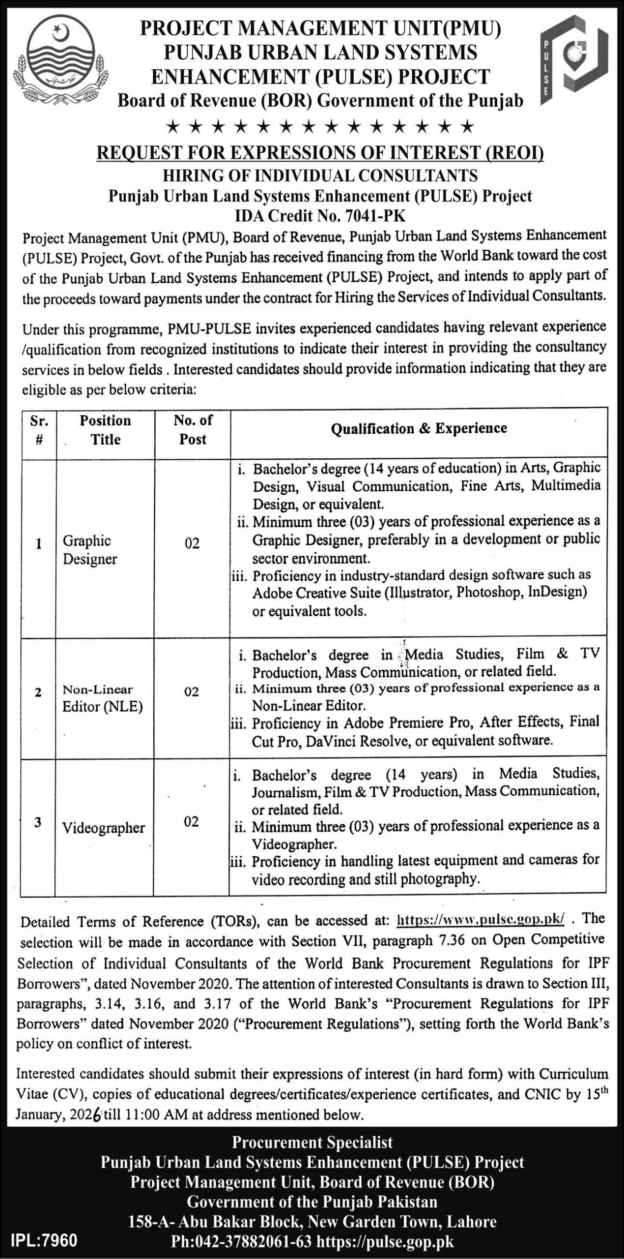 Project Management Unit PMU Lahore Jobs 2026