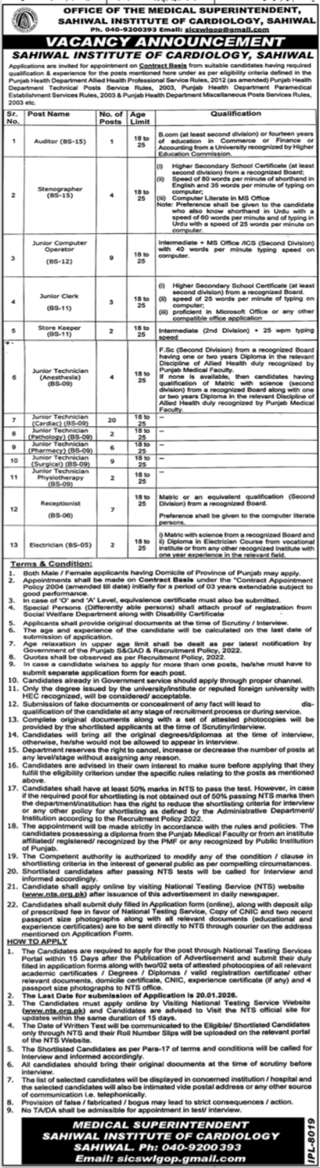 Sahiwal Institute Of Cardiology SIC Apply Jobs 2026