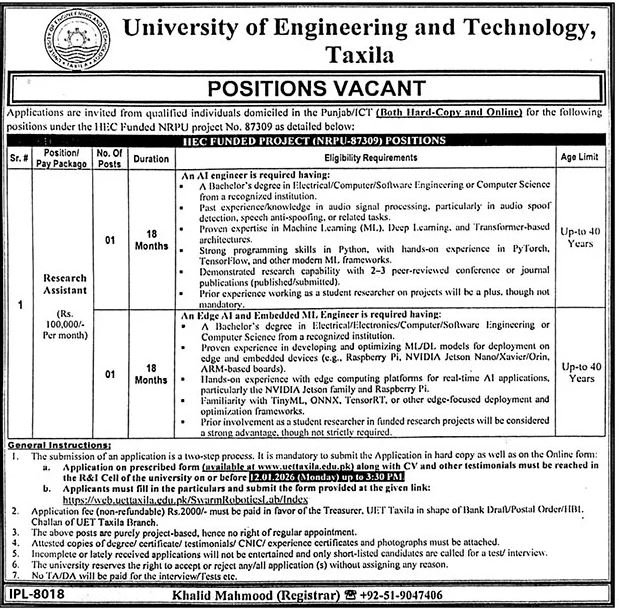 University Of Engineering Technology UET Taxila Jobs 2026