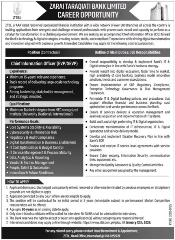 Zarai Taraqiati Bank Limited ZTBL Islamabad Jobs 2026