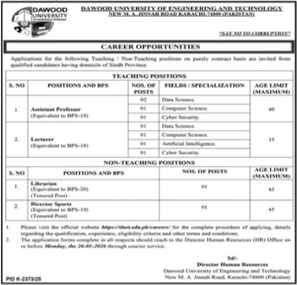 Dawood University Of Engineering Technology DUET Jobs 2026