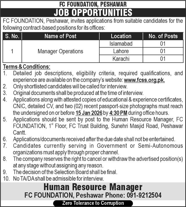 FC Foundation Peshawar Jobs 2026