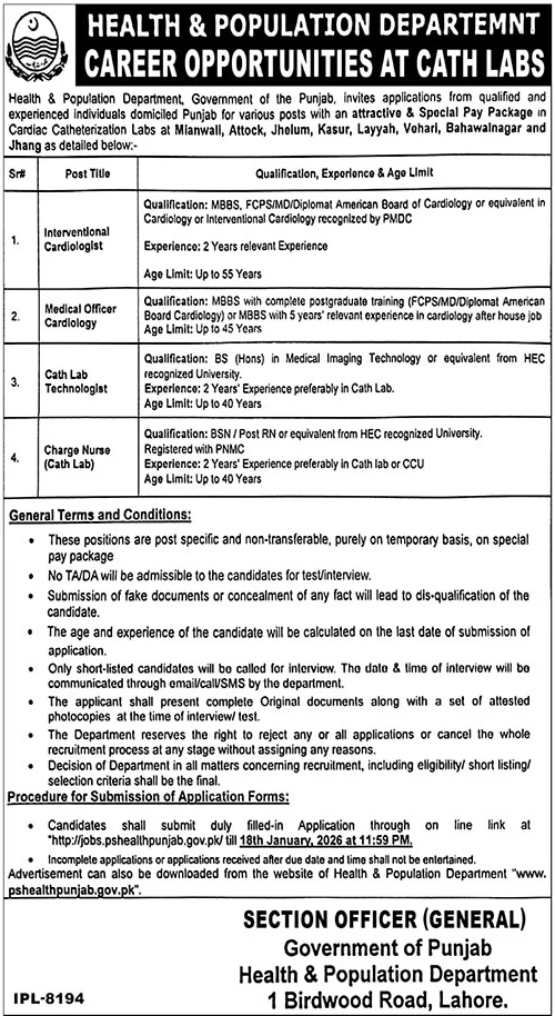 Health Population Department Lahore Jobs 2026