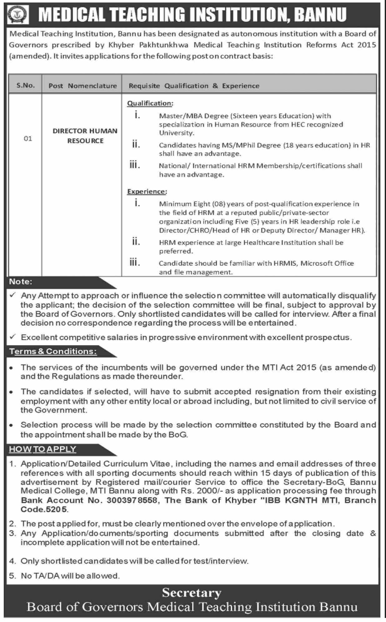 Medical Teaching Institution MTI Bannu Jobs 2026