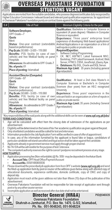 Overseas Pakistanis Foundation OPF Islamabad Jobs 2026
