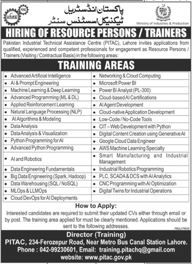 Pakistan Industrial Technical Assistance Center PITAC Lahore Jobs 2025