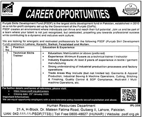 Punjab Skills Development Fund PSDF Lahore Jobs 2026