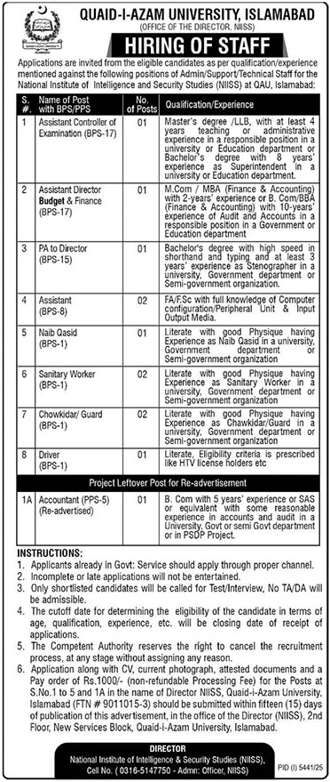 Quaid I Azam University QAU Islamabad Jobs 2026